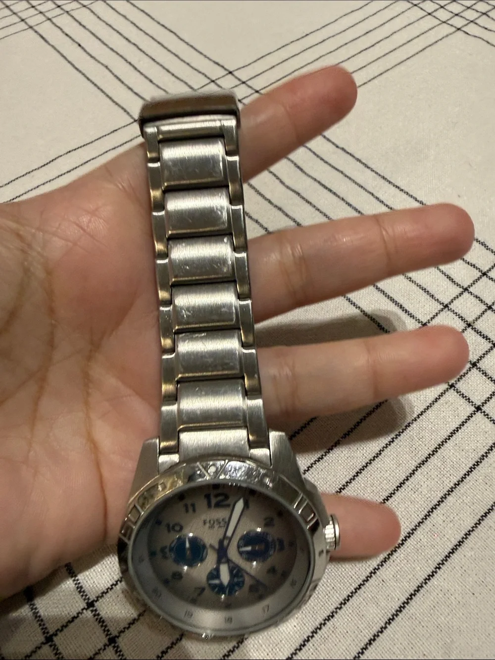 Fossil Silver Watch with White Dial and Blue Subdials